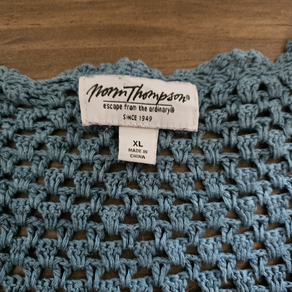 Crochet Linen Cardigan XL VTG Scalloped Norm Thompson Romantic Fairy Cottagecore - Picture 2 of 7